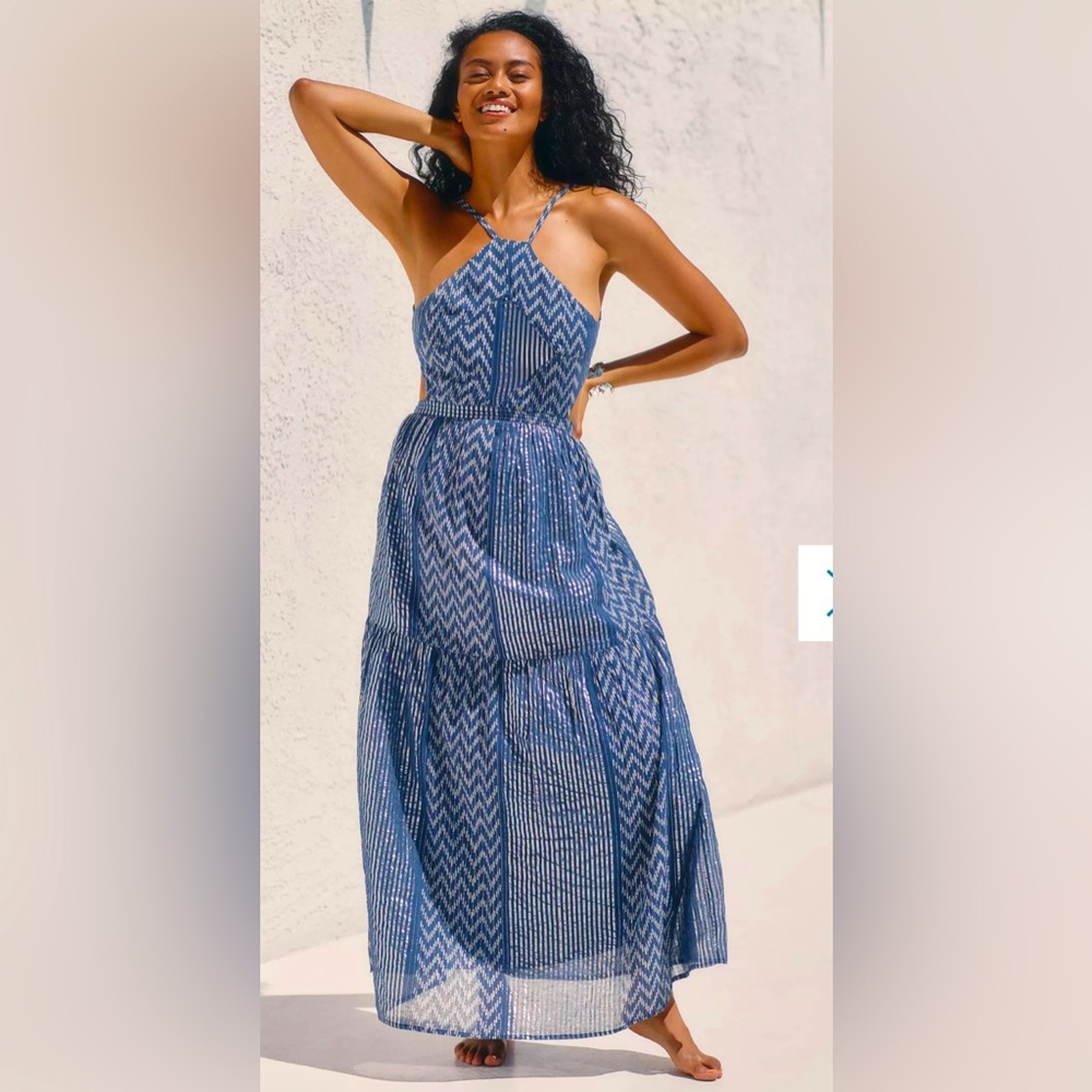 Anthropologie Mahila Reva Blue Stripe Maxi Dress Wedding formal shower party